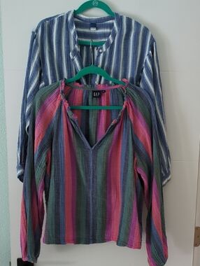 GAP& Old Navy Gauzy Women's Striped V-Neck Tunic in Pink, Green & Blue Sz L Boho